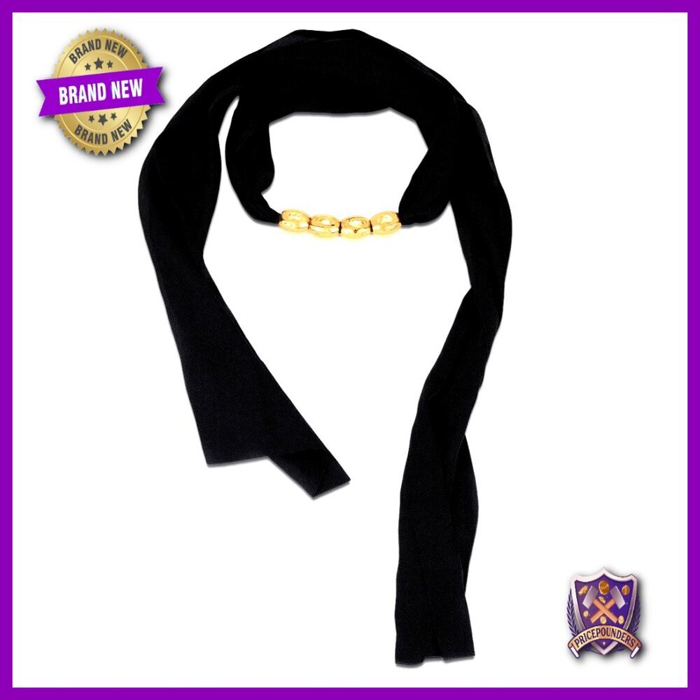 Adjustable Silk Scarf Choker Necklace with Gold Beads, 80cm Length